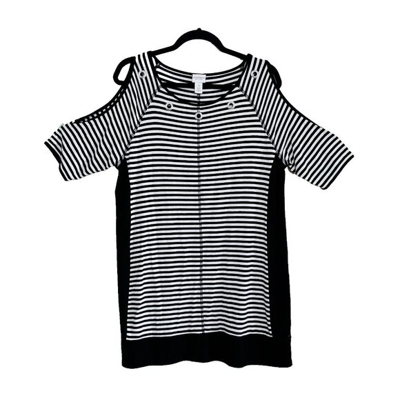Weekends By Chico's Womens Cold Shoulder Top Size 1 White & Black Striped - Picture 1 of 3